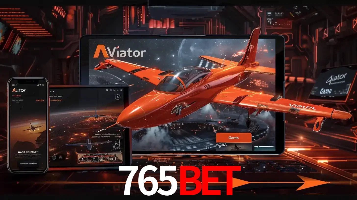 Apresentação tecnológica do jogo Aviator com um avião saindo da tela de um tablet, demonstrando a experiência imersiva em múltiplos dispositivos no 765bet.