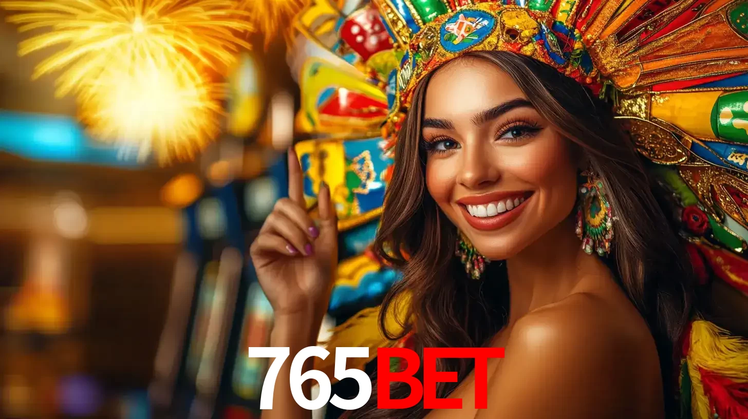 Mulher sorridente com um cocar de carnaval vibrante e colorido, celebrando uma grande vitória nos jogos do cassino 765bet com fogos de artifício ao fundo.
