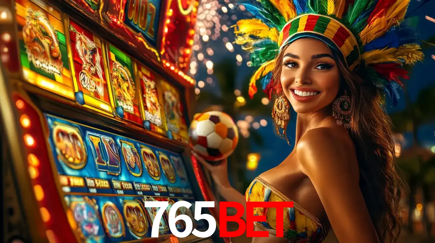 Mulher com um cocar de carnaval ao lado de uma máquina de caça-níqueis enquanto segura uma bola de futebol, mostrando a união da diversão de cassino e esportes no 765bet.