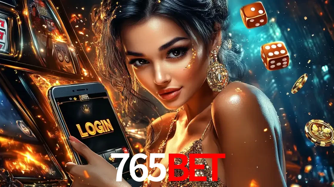 Mulher glamourosa segurando um celular com a tela de login do cassino 765bet, rodeada por dados e moedas douradas, pronta para começar a diversão.