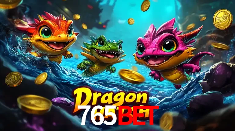 Arte promocional do jogo Dragon Hatch com três adoráveis dragões bebês nadando entre moedas de ouro, um dos slots mais divertidos para jogar no cassino 765bet.