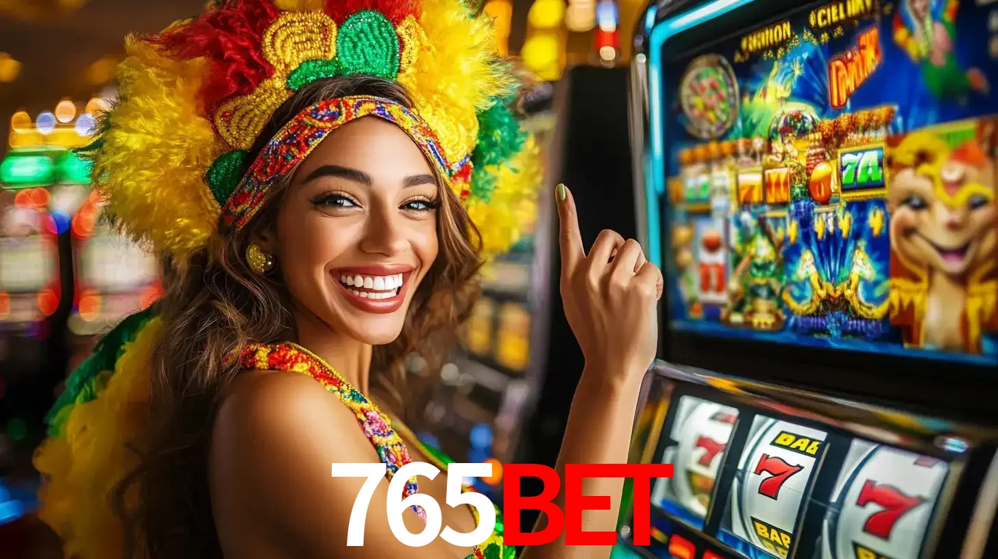Mulher animada com um cocar de carnaval apontando para uma máquina de caça-níqueis, mostrando a emoção de ganhar um grande prêmio nos jogos do 765bet.