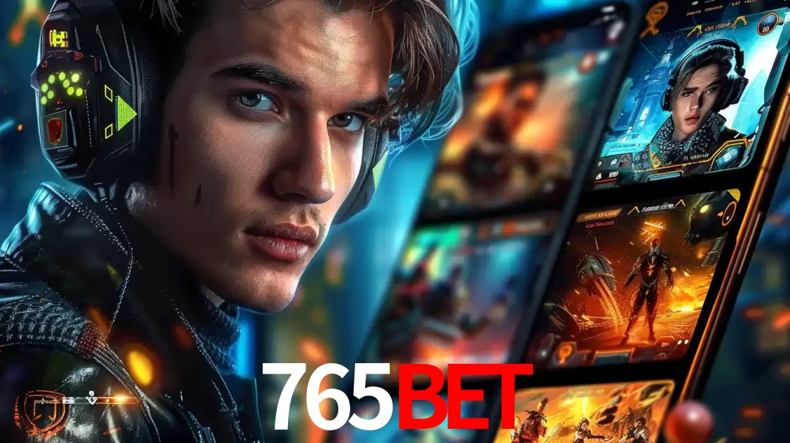 Jovem jogador com fones de ouvido olhando para a câmera, com um aplicativo de jogos e e-sports para celular ao fundo, pronto para a competição e apostas no 765bet.