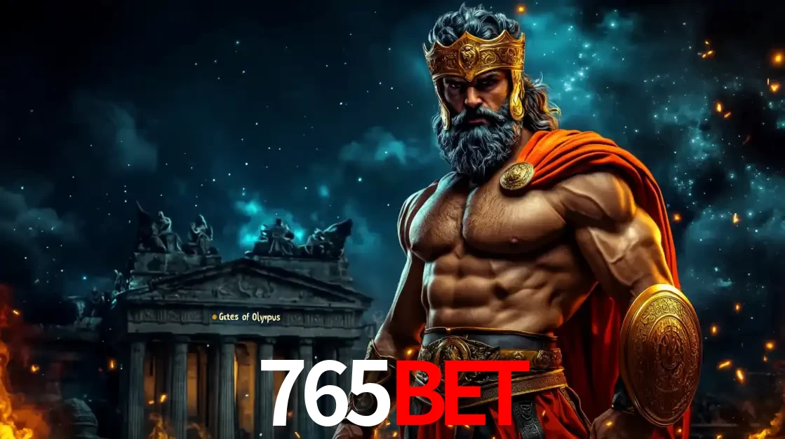 O poderoso Zeus do jogo de slot Gates of Olympus em frente ao seu templo, pronto para lançar multiplicadores divinos e prêmios épicos no cassino online 765bet.