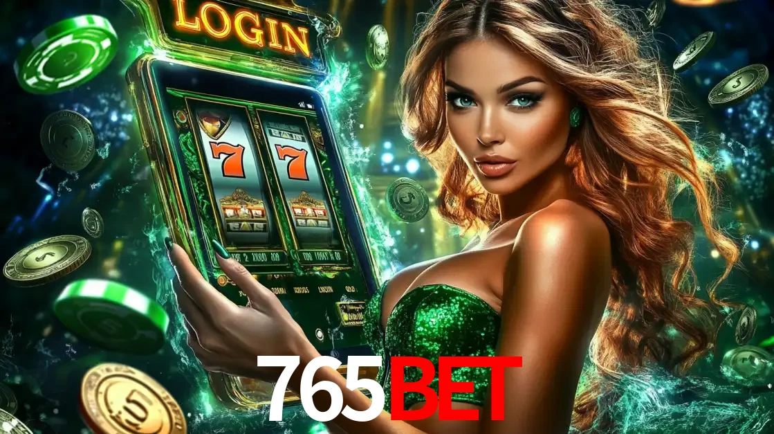 Mulher com tema verde apresentando o aplicativo do cassino 765bet com um jogo de slot de 777, cercada por fichas de cassino e uma aura de sorte.