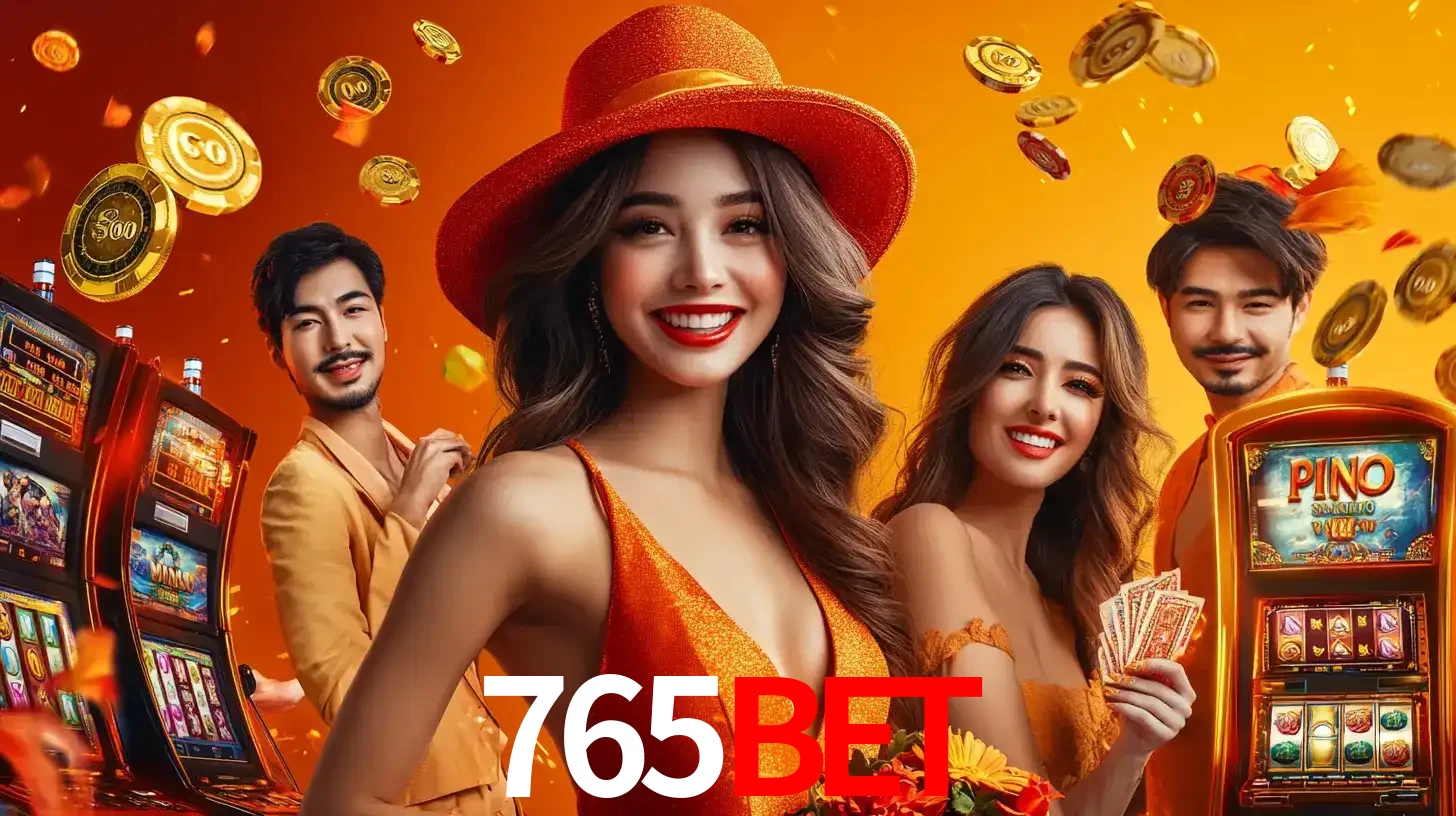 Grupo de amigos asiáticos sorrindo e se divertindo com máquinas de caça-níqueis em um ambiente festivo, celebrando suas vitórias nos jogos de cassino do 765bet.