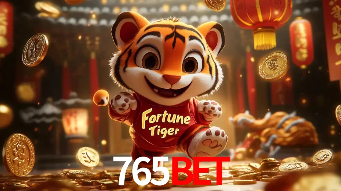 O alegre personagem do Fortune Tiger correndo sobre um caminho de moedas de ouro, simbolizando os grandes prêmios e a diversão do popular jogo de slot do 765bet.