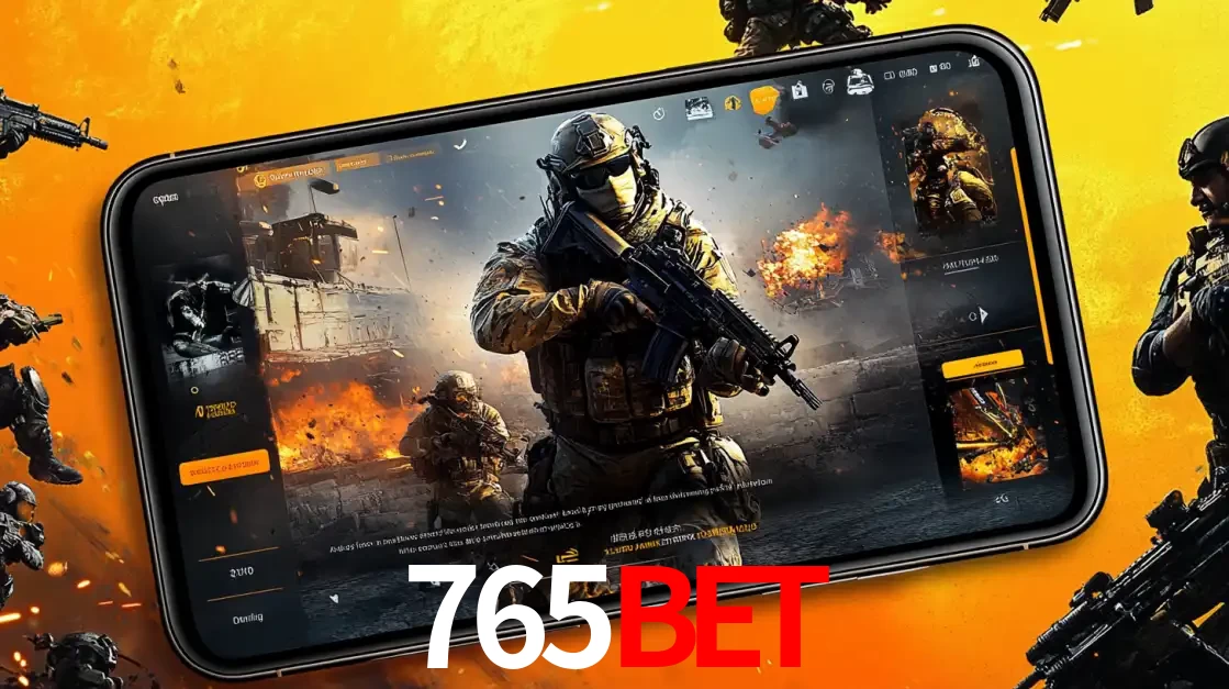 Um smartphone exibindo a interface de um jogo de tiro em primeira pessoa, com um soldado em um cenário de batalha, representando a ação dos e-sports para apostar no 765bet.
