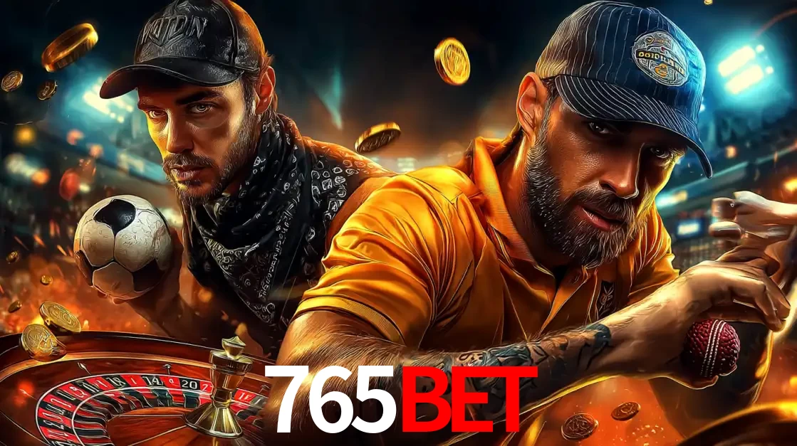 Montagem de apostas esportivas e cassino no 765bet, com um homem segurando uma bola de futebol e outro uma de beisebol sobre uma roleta e moedas voadoras.