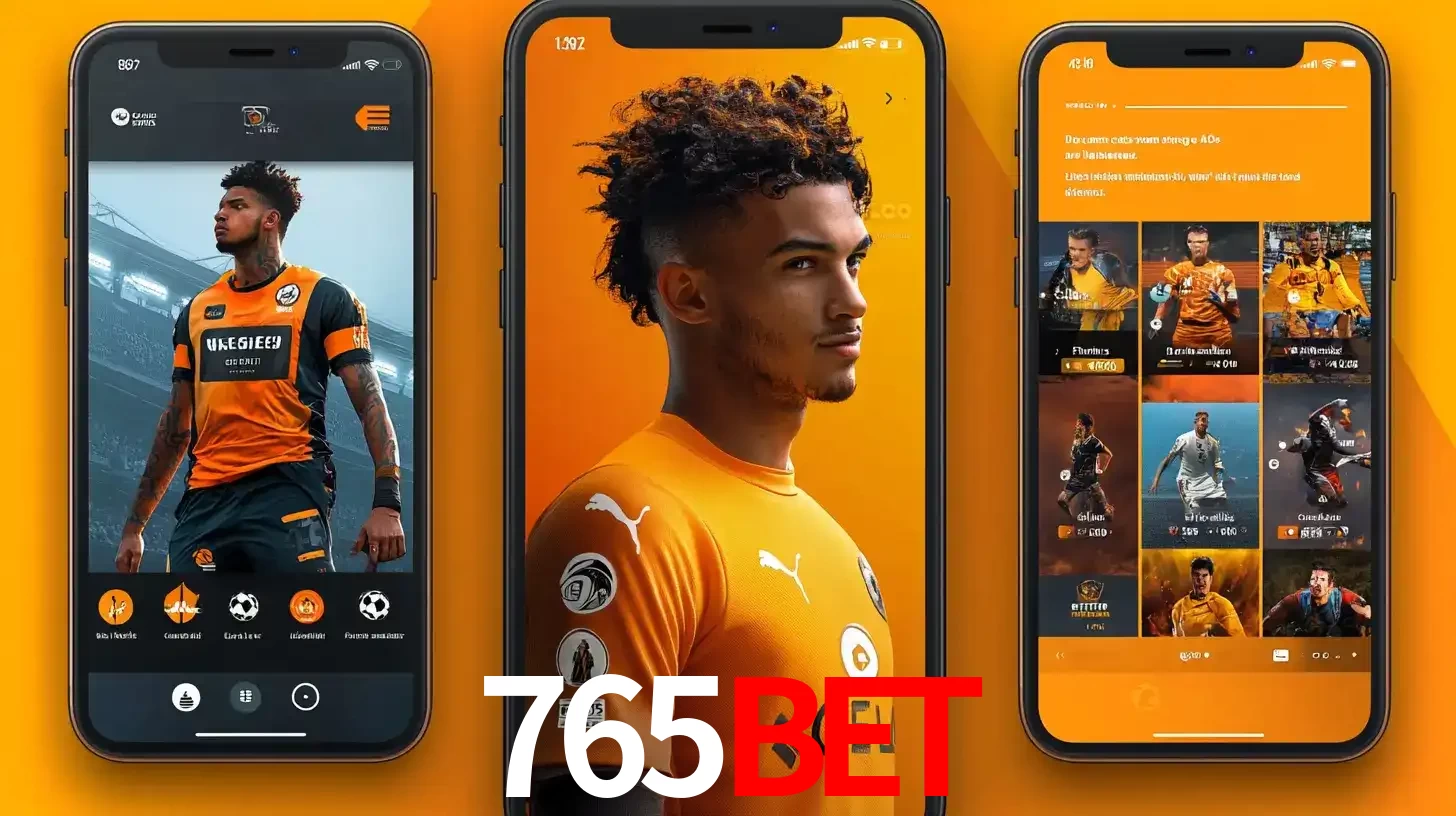 Interface do aplicativo de apostas esportivas 765bet em três telas de celular, mostrando o perfil de um jogador de futebol e a lista de jogos disponíveis para apostar.