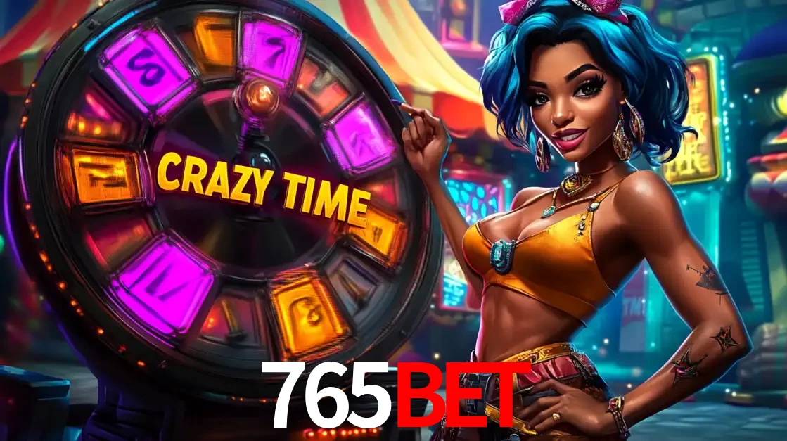 Mulher estilizada com cabelo azul e visual vibrante posando ao lado da roda de prêmios do game show Crazy Time, convidando para a diversão e os bônus do cassino 765bet.