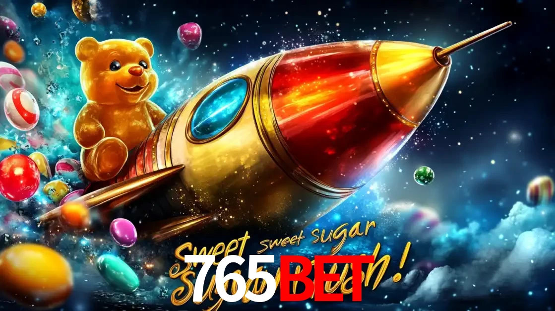 Arte promocional do jogo de slot Sugar Rush, com um urso de pelúcia em um foguete viajando pelo espaço de doces, um dos jogos divertidos disponíveis no cassino 765bet.