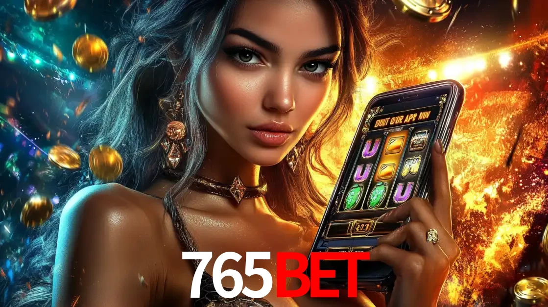 Mulher elegante mostrando um jogo de caça-níqueis em seu smartphone, destacando a experiência de cassino móvel oferecida pelo aplicativo 765bet.