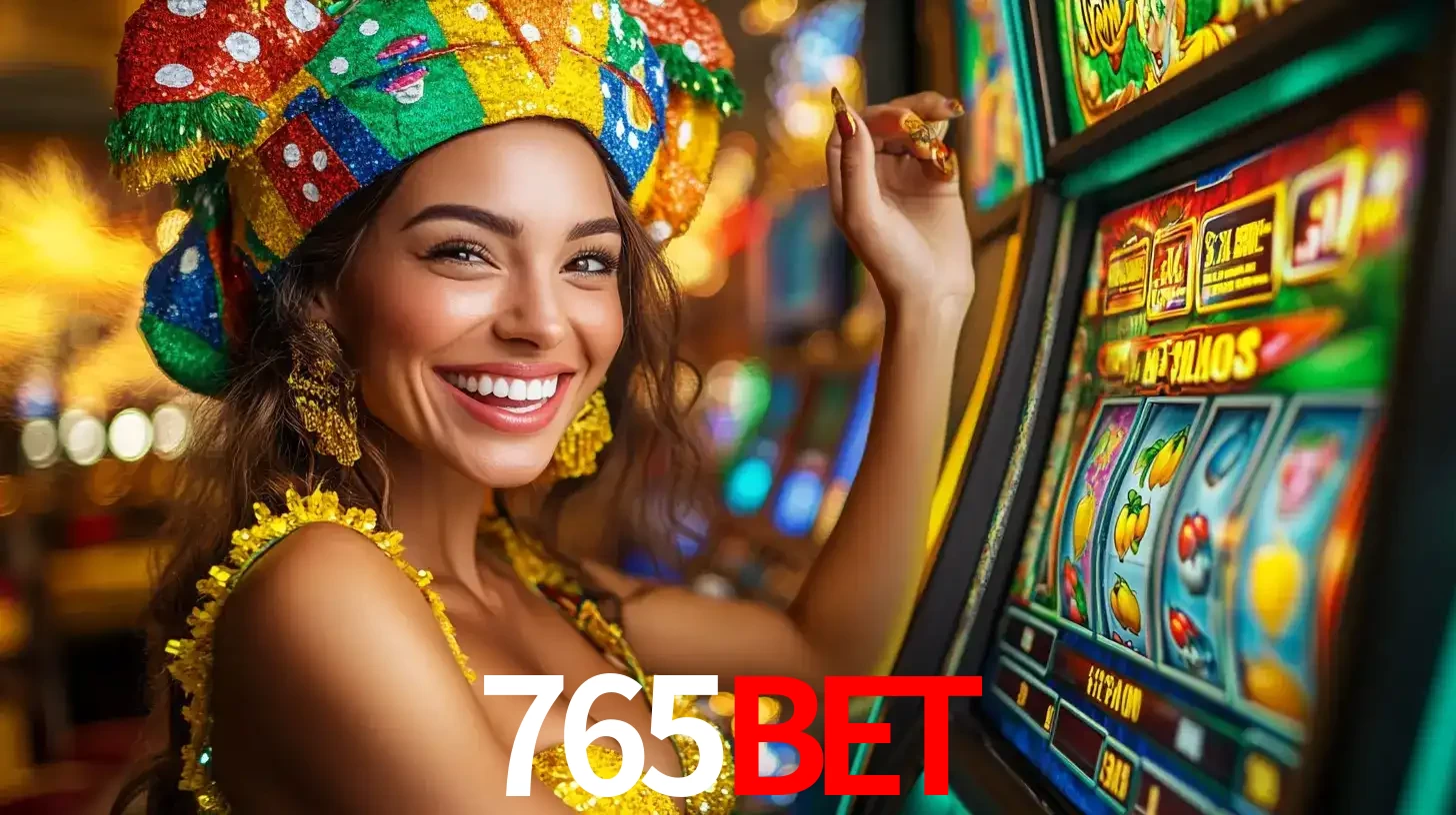 Mulher feliz com traje de carnaval amarelo e colorido ao lado de uma máquina de caça-níqueis, aproveitando a diversão e os jogos temáticos do cassino 765bet.