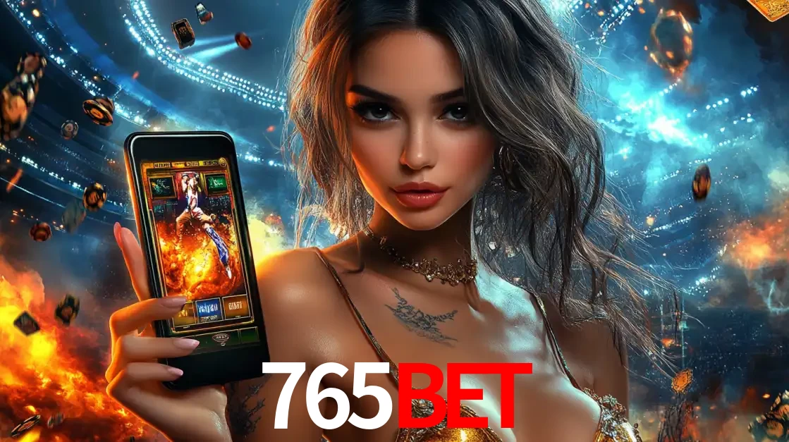 Mulher segurando um celular com um jogo de slot em destaque, tendo como fundo um estádio vibrante, simbolizando a emoção de jogar no cassino móvel 765bet.