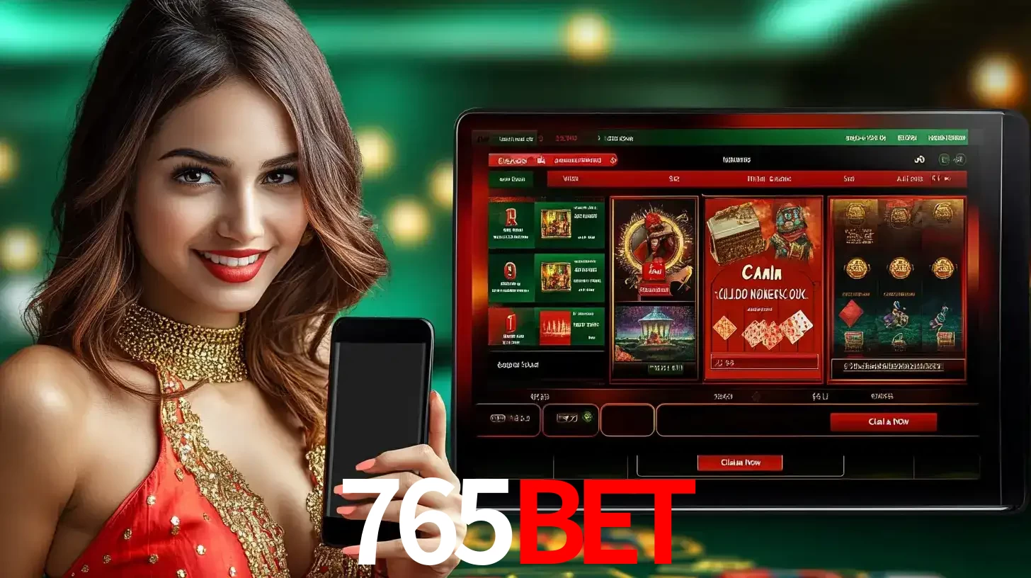 Mulher sorridente segurando um smartphone, ao lado de uma tela exibindo o lobby de jogos do cassino online 765bet, com várias opções de jogos de cartas e slots.